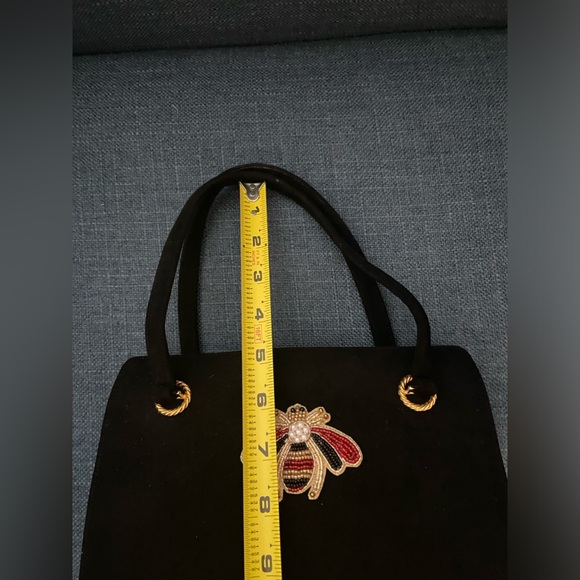 Vintage 2 Pieces Black Suede Leather Top Handle Handbag Gold Hardware Bee Accent - Picture 14 of 16